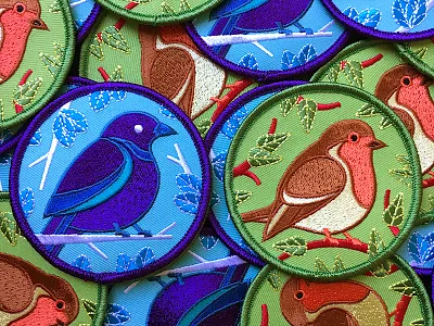 Birdwatching Patches 2 bird birdwatching blackbird design illustration patch patches robin vector