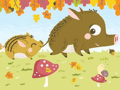 Autumn Wood animal autumn boar children illustration cute fall leaves mushrooms season snail victorinox wild