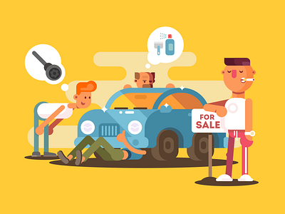 Car for sale car character flat illustration kit8 man sale vector