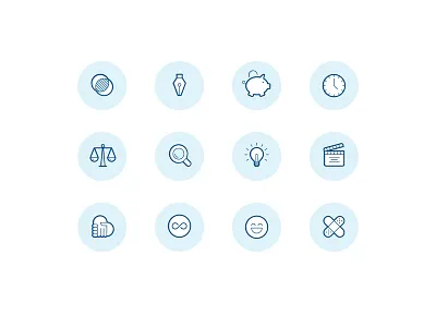 Website Icons craft curious happy health icons illustrations integrity open minded salary time transparency trust