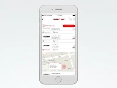 Map Screen app iphone list map red store ui white