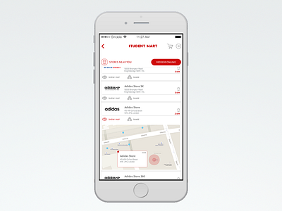 Map Screen app iphone list map red store ui white