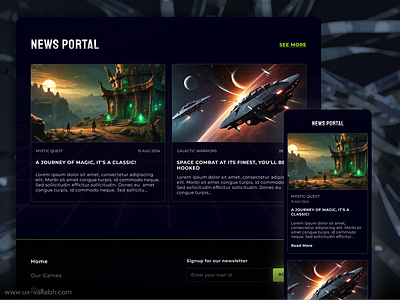 Gaming website home page UI design | News Article Blog 🚀 black blue dark mode dark ui desktop game ux game website gaming gaming website green header home page mobile ui neon ui ui ux ux case study ux design web ui website design