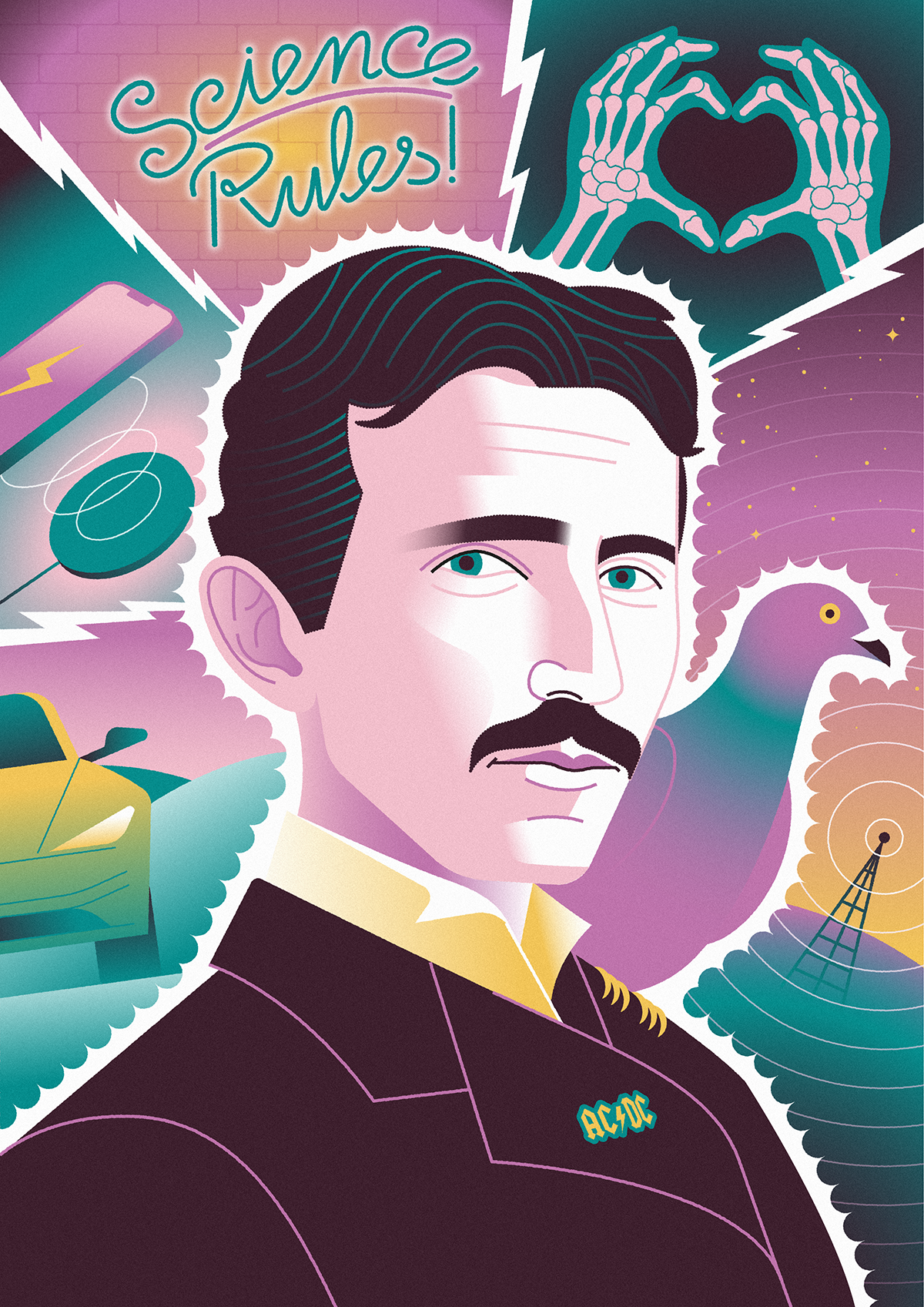 Tesla, Lord of Lightning art bones character creativity design editorial electric car electricity flat illustration graphic design illustration neon nikola tesla portrait retro scifi skull tesla texture vector