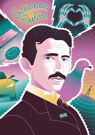 Tesla, Lord of Lightning art bones character creativity design editorial electric car electricity engine graphic design illustration neon nikola tesla portrait retro scifi skull tesla texture vector