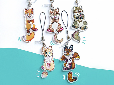 Animal charms animal cat charm corgi dog dragon fox illustration keychain wolf