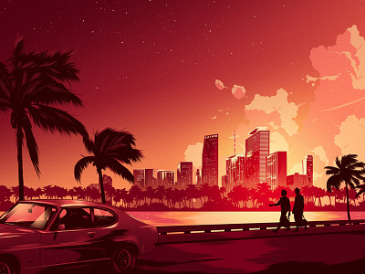 Cityscape car city cityscape digital folio illustration palm trees sunset