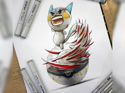 Pokemon Pachirisu is escaping a pokeball with a dragon punch copic game markers nintendo pachirisu pikachu pokeball pokemon