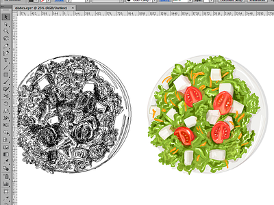 Vector FoodPorn. Work in progress delicious dish foodporn handdrawn outline top vector view watercolor