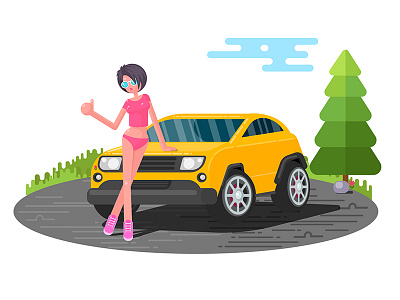 Girl Asking For Lift babe beauty car flat geomatrical illustration lift