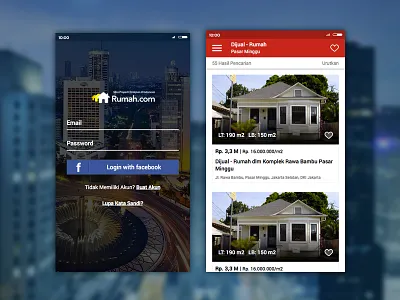 Rumah.com login and search results page mobile ui ux