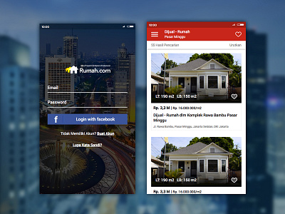 Rumah.com login and search results page mobile ui ux