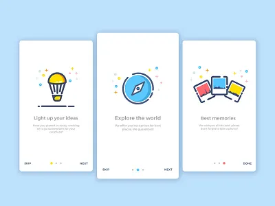 Onboarding Screens app blue clean creative design icons illustration invite ios mobile mobile ui onboarding photo red screens ui ux vacation vector yellow
