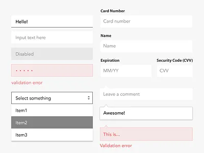 Text Field active card comment disabled error field input items number select text
