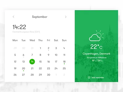 Calendar widget app calendar city clock copenhagen date green time ui ux weather widget