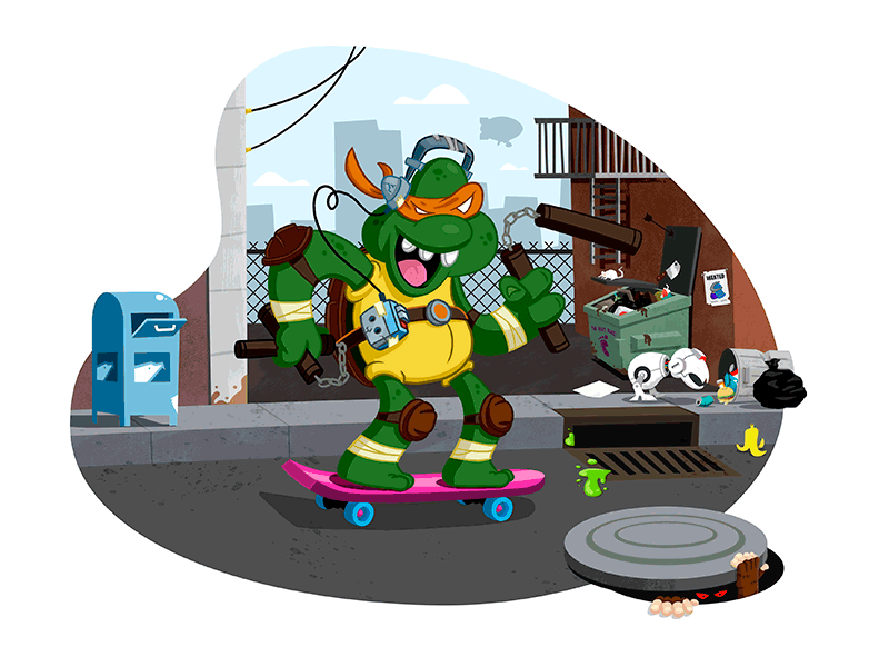 Finished Mikey Art 90s cartoons garbage headphones illustration junk new york ninja turtles nunchuks rats teenage mutant ninja turtles trash