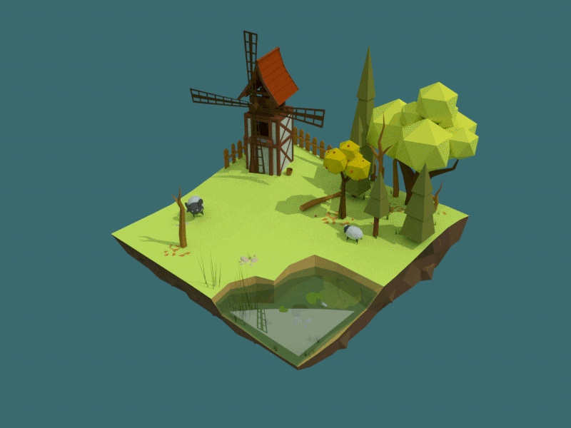 Mill 3d animals animation apples field funny animal lake landscape lowpoly mill run sheep