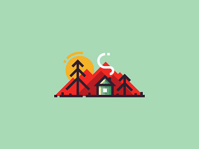 Alone in the forest 2d design flat forest house illustration landscape minimalistic mountains smoke trees vector