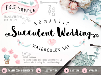 FREE Succulent Watercolor Wedding Set debut first shot free freebie succulent watercolor wedding