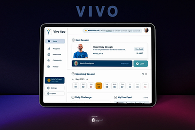 The mobile app "Vivo" designed by "Ansysoft" adobeillustrator classchedule convenientfitness dailychallenges digitalfitness easyaccess fitnessapp fitnessassessments fitnesscommunity healthresources healthtech memberhub mobileapp onlineclasses onlinefitness staymotivated vivoapp wellbeing workoutdetails zoomintegration