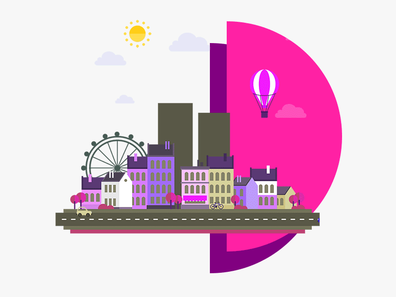 Animated Street view animation balloon cars flat gif illustrator loop motion graphics street cab vector art