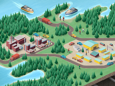 Getting Technical! boat car character digital painting factory illustration isometric map ocean texture tree vector