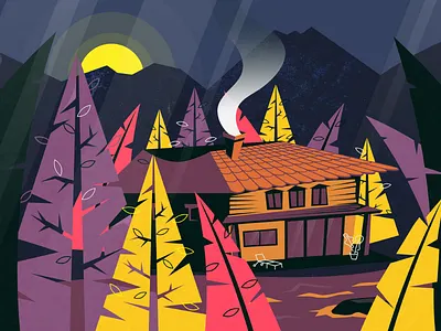 Deep in the forest dark forest house illustration night trees