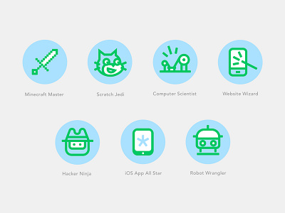 Coderkids Achievements cat children circle coding computer education icons ninja robot school set sword