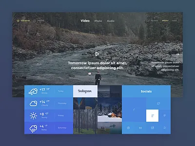 News Theme blocks blue shadows socials squares ux video weather