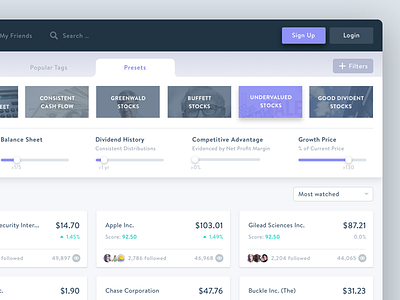Stock discovery app card filter investment slider stock tab ui