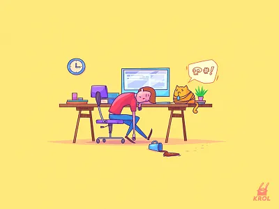 Work hard 2d cartoon cat character coffee concept cute hipster krol man skull vector