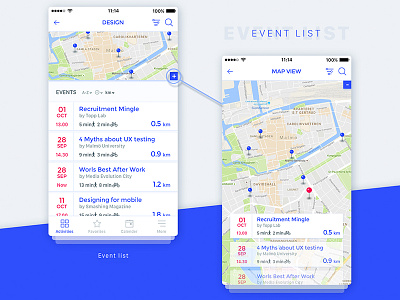 Event list screen with expanded map view cards design event filter kulimalmö list malmö map redesign sweden ui