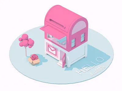 Hello! Dribbble mailbox. 3d building debut dribbble first shot house illustration invitation mailbox pink