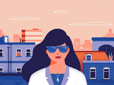 In the summer in the city brooklyn buildings character city design flat illustration nyc photoshop texture vector woman