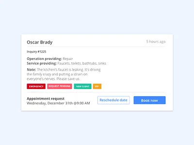 Client Appointment Request Card appointment book booking card inquiry request scheduling tags ui web