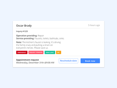 Client Appointment Request Card appointment book booking card inquiry request scheduling tags ui web