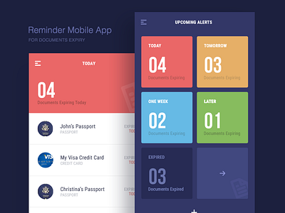Document Expiry Reminder Mobile App 17seven blue character graphic design gui design iphone app design mobile pin reminder app ui design user interface design ux design