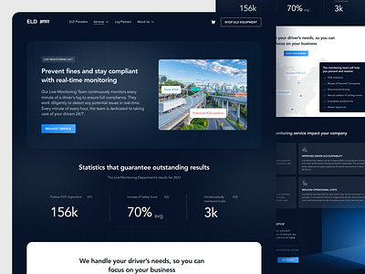 ELD Experts Website branding cards dark mode design eld landing page live monitoring statistics stats ui ux web design