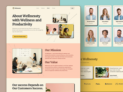 Wellnesty - Health & Well-being Website About Us Page about us ai card cartoony colorful employee fitness fun health image meditation mental health pastel productivity self care ui ux website well being wellness