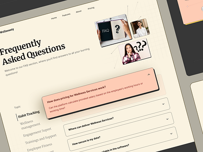 Wellnesty - Health & Well-being Website FAQ Section ai card cartoony colorful employee faq fitness fun health list meditation mental health pastel productivity self care ui ux website well being wellness