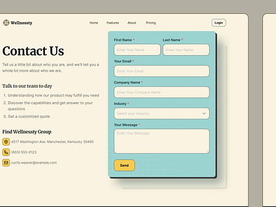 Wellnesty - Health & Well-being Website Contact Us Section ai card cartoony colorful contact us employee fitness form fun health meditation mental health pastel productivity self care ui ux website well being wellness