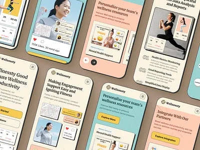 Wellnesty - Health & Well-being Website Mobile Responsive Design ai cartoony colorful employee fitness fun health image meditation mental health mobile pastel productivity responsive self care ui ux website well being wellness