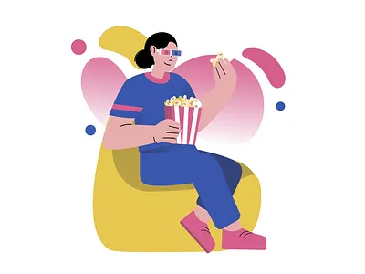 3D Movie With Popcorn 2D Animation 2d 3d cinema 3d glasses 3d movie animation cinema entertainment flat fun gradient hobby home illustration leisure motion movie love popcorn relax watching movie woman