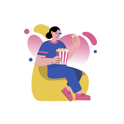 3D Movie With Popcorn 2D Animation 2d 3d cinema 3d glasses 3d movie animation cinema entertainment flat fun gradient hobby home illustration leisure motion movie love popcorn relax watching movie woman