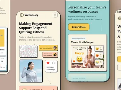 Wellnesty - Health & Well-being Web Mobile Responsive Variant ai cartoony colorful employee fitness fun health image meditation mental health mobile pastel productivity responsive self care ui ux website well being wellness