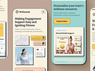 Wellnesty - Health & Well-being Web Mobile Responsive Variant ai cartoony colorful employee fitness fun health image meditation mental health mobile pastel productivity responsive self care ui ux website well being wellness