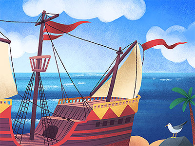 Ship beach boat carrack illustration kids ocean seagull ship