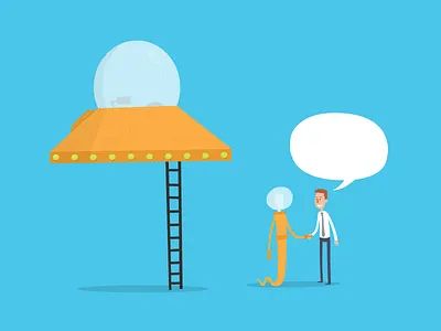 First Contact about us alien greetings handshake talk bubble ufo