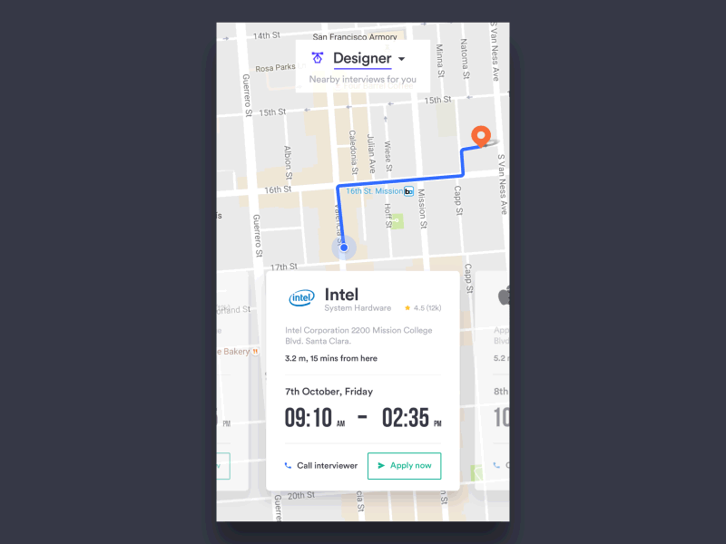Interview Navigation companies gps interview location maps pin route startup ui ux