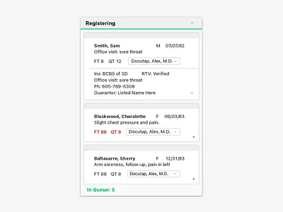 Patient Queue Cards design healthcare ui ux wip